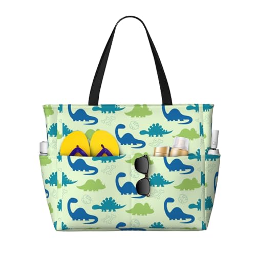 Kuilepa Tragetasche für Damen, Motiv: süßer Dinosaurier, blau und grün, für Strand, Pool, große Sporttasche, Handgepäcktasche für Wochenendreisen, wasserdicht von Kuilepa