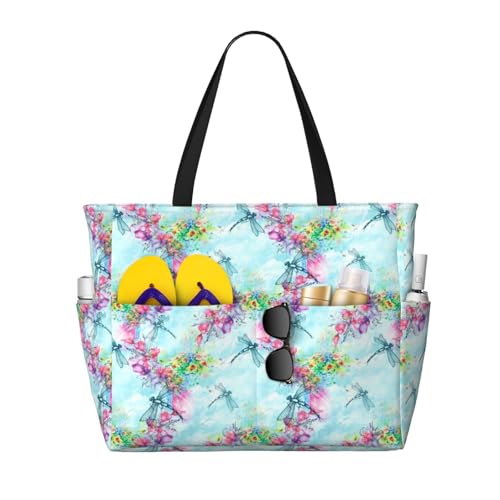 Kuilepa Tragetasche für Damen mit Libellen-Blumendruck, für Damen, große Sporttasche, Tragetasche für Wochenendreisen, wasserdicht, Schwarz, Einheitsgröße von Kuilepa