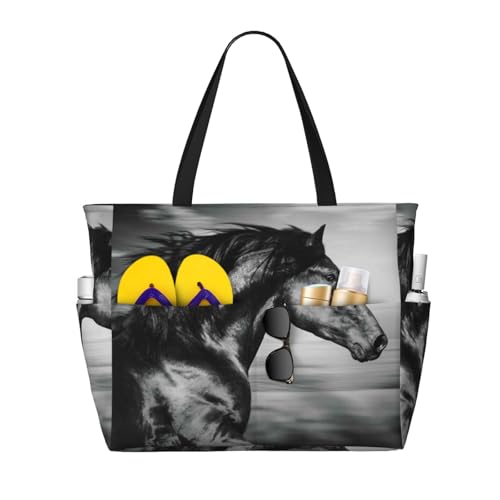 Kuilepa Tragetasche mit Laufpferd-Aufdruck, für Damen, große Sporttasche, Handgepäcktasche für Wochenendreisen, wasserdicht, Schwarz, Einheitsgröße von Kuilepa