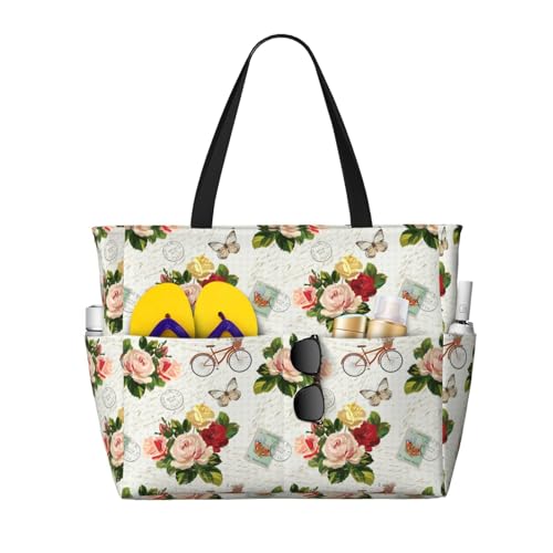 Kuilepa Vintage Fahrradtasche mit Blumen- und Schmetterlings-Aufdruck, für Damen, große Sporttasche, Tragetasche für Wochenendreisen, wasserdicht von Kuilepa