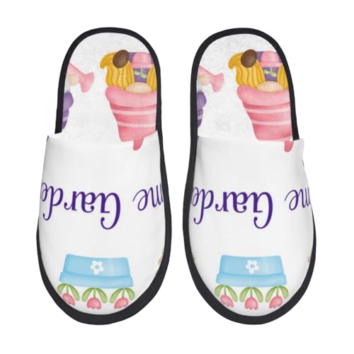 Kuilepa Wasserfarben-Zwerg mit Garten-Druck, flauschig, für drinnen und draußen, Winterhausschuhe, Schwarz, 6-8.5 Women/6-8 Men von Kuilepa