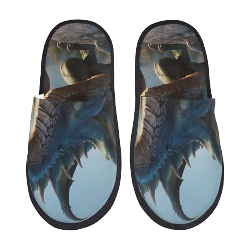 Kuilepa Wilde blaue Damen-Hausschuhe mit coolem Drachen-Druck, flauschiger Slipper, für drinnen und draußen, Winter, Schwarz, 6-8.5 Women/6-8 Men von Kuilepa
