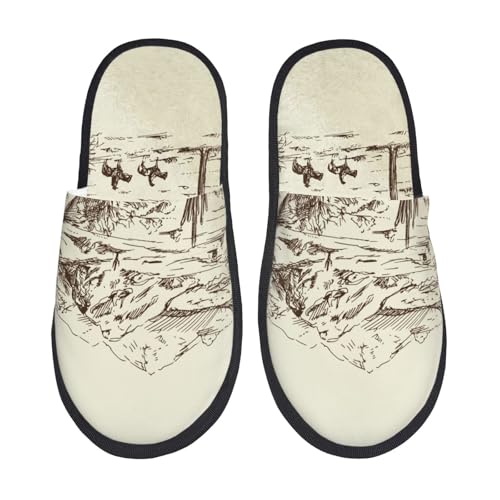 Kuilepa Wilder Westen Wüste mit Cowboy-Aufdruck, flauschige Slipper, für drinnen und draußen, Winterhausschuhe, Schwarz, 6-8.5 Women/6-8 Men von Kuilepa