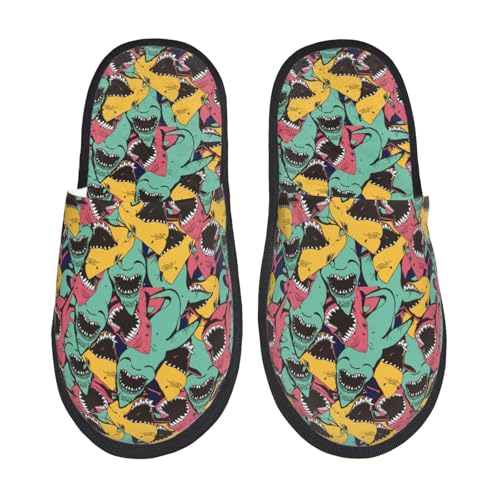 Kuilepa Wütender Hai-Muster, flauschiger Slipper, für drinnen und draußen, Winterhausschuhe, Schwarz, 6-8.5 Women/6-8 Men von Kuilepa