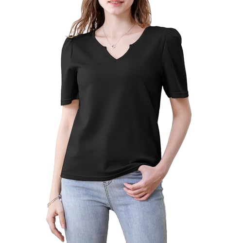 Kujurnms Damen Basic T-Shirt V-Ausschnitt Lockere Kurzarm Sommer Elegant Tops mit Puff Ärmel Schwarz L von Kujurnms