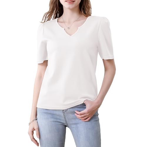 Kujurnms Damen Basic T-Shirt V-Ausschnitt Lockere Kurzarm Sommer Elegant Tops mit Puff Ärmel Weiß L von Kujurnms