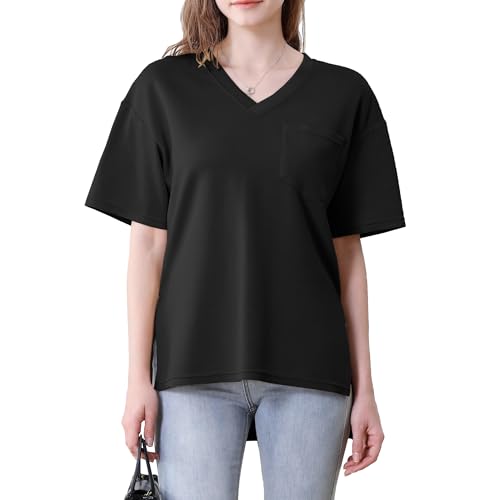 Kujurnms Damen Oversize T-Shirt V-Ausschnitt Kurzarm Basic Sommer Tops mit Schlitzen Schwarz XL von Kujurnms