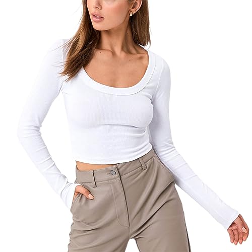 Damen Langarm T-Shirts lässig Slim Fit Tops Rundhalsausschnitt Rippstrick Shirts TikTok Streetwear(White-6,L) von Kukeyiee