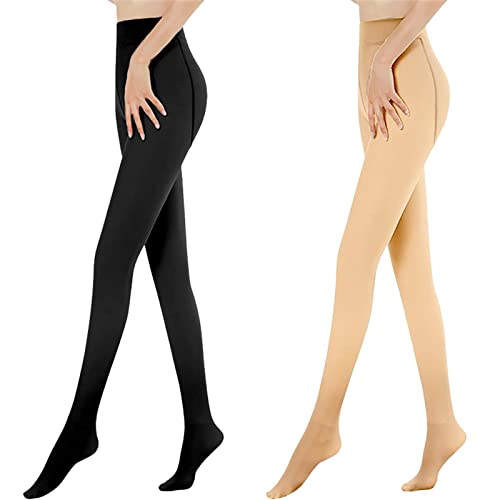 Thermostrumpfhosen für Damen Fleece Strumpfhose Winter Gefälschte Durchscheinend Plüschstrümpfe Pantyhose blickdicht Wärmende Fleece Leggings(90g für 15~25℃,2pc Schwarz+Hautfarbe Undurchsichtig) von Kukeyiee