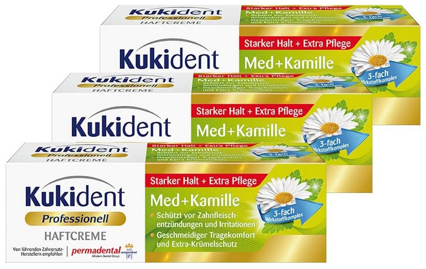 Kukident Zahnpflege-Set Haftcreme Med+Kamille Zahnreiniger (3 x 40 g), 3er Pack, 3-tlg., Starker Halt + Extra Pflege von Kukident