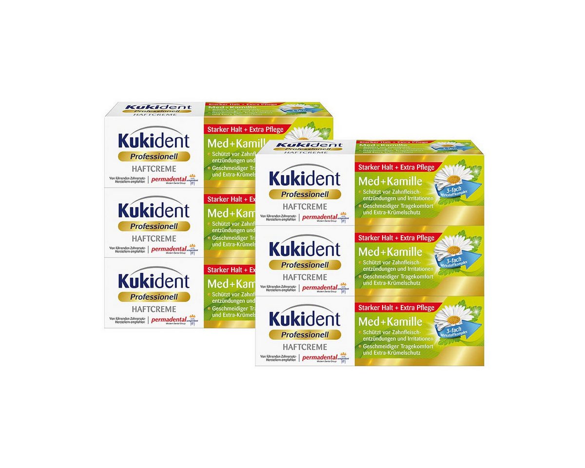 Kukident Zahnpflege-Set Haftcreme Med+Kamille Zahnreiniger (6 x 40 g), Spar-Pack, 6-tlg., Starker Halt & Extra Pflege von Kukident