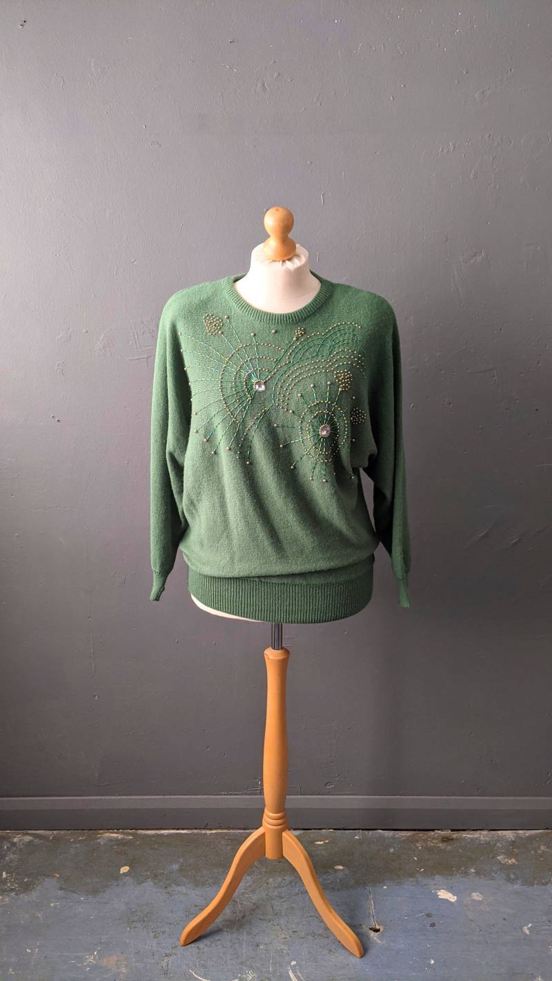 80Er Jahre Perlen Pullover, Khaki Grüner Vegan Acryl Größe Xl von KultRemade