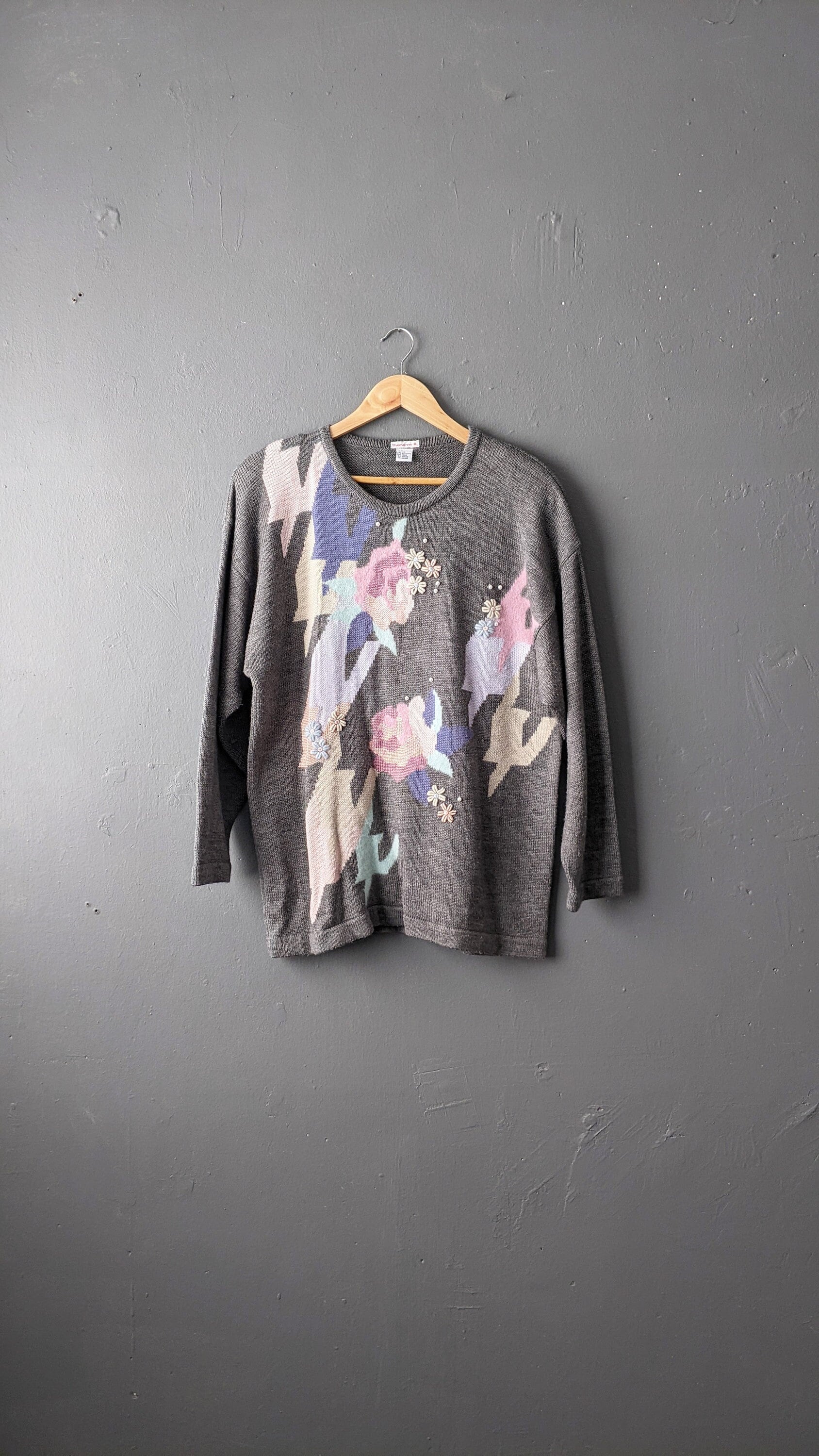 90Er Pullover Mit Angora, Abstrakter Floraler Houndstooth Jumper, Größe Xl von KultRemade