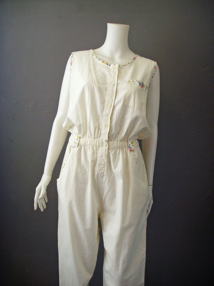 Elfenbein Weißer Baumwoll Jumpsuit, 80Er Jahre Ärmelloser Sommer Einteiler, Größe M von KultRemade