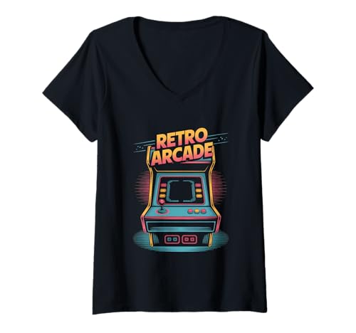 Damen Retro Arcade Stil Motiv Sammler Nostalgie Erlebnis T-Shirt mit V-Ausschnitt Damen Retro Arcade Stil Motiv Sammler Nostalgie Erlebnis T-Shirt mit V-Ausschnitt von KulturRetroArcadeFreundeSammler