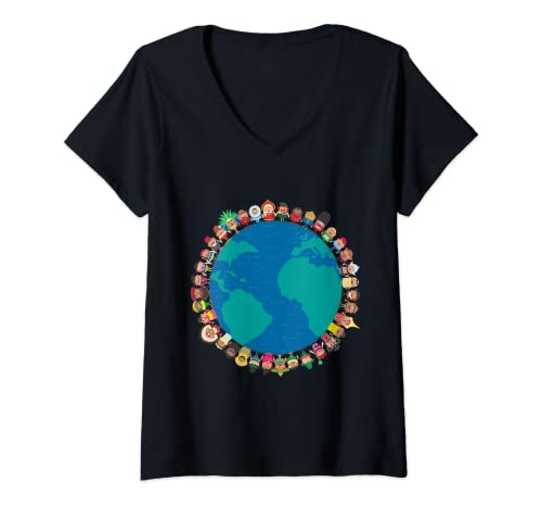 Damen Menschen der Welt Vielfalt Einheit rund um den Globus Kinder T-Shirt mit V-Ausschnitt Damen Menschen der Welt Vielfalt Einheit rund um den Globus Kinder T-Shirt mit V-Ausschnitt von Kulturelle Gleichberechtigung Inklusion Vielfalt