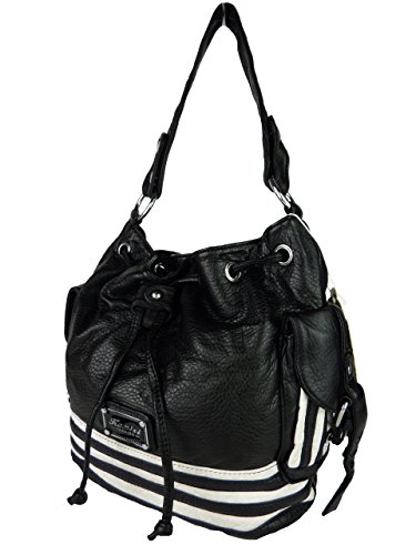 Kumixi Cloé Handtasche kleine Sacktasche gestreift Taschen Schultertaschen Sack Streifen 28x25x14 cm (schwarz gestreift) von Kumixi