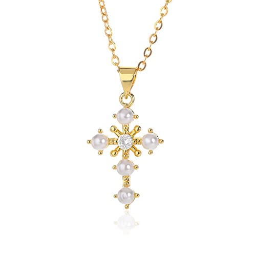 Kumshunie Perlenkreuz-Halskette, Religionsschutz, Schmuck für Frauen, inspirierendes Taufgeschenk, 18 Karat vergoldete Kette, Metall, Zirkonia Kumshunie Perlenkreuz-Halskette, Religionsschutz, Schmuck für Frauen, inspirierendes Taufgeschenk, 18 Karat vergoldete Kette, Metall, Zirkonia von Kumshunie