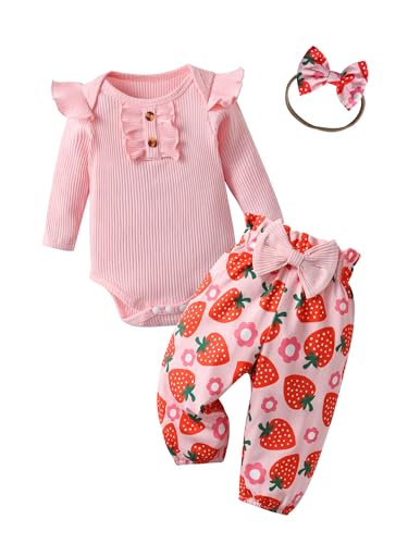 Kumsolu 3-teiliges Baby-Outfit für Mädchen, langärmelig, Strampelanzug, Erdbeer-Aufdruck, rose, 0-3 Months Kumsolu 3-teiliges Baby-Outfit für Mädchen, langärmelig, Strampelanzug, Erdbeer-Aufdruck, rose, 0-3 Months von Kumsolu