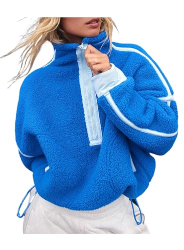 Kumufenc Damen Fleece Sweatshirts Half Zip Pullover Langarm Oversized Workout Crop Tops Hoodie mit Tasche, Blau, M von Kumufenc