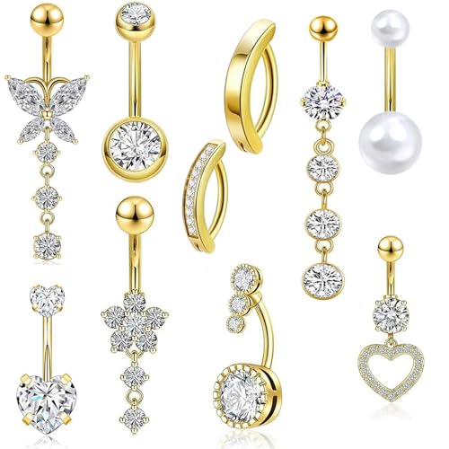 Kunaxku 10Pcs 14G Bauchnabelpiercing für Damen Chirurgenstahl Rosa Blau Bauch Piercing CZ Schmetterling Schlange Clicker Nabel Ringe Körper Piercing Schmuck, Bauchnabelpiercing Chirurgenstahl (Gold) von Kunaxku