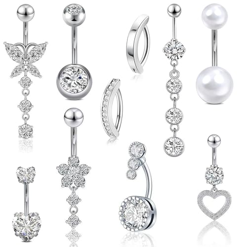 10Pcs 14G Bauchnabelpiercing für Damen Chirurgenstahl Rosa Blau Bauch Piercing CZ Schmetterling Schlange Clicker Nabel Ringe Körper Piercing Schmuck, Bauchnabelpiercing Chirurgenstahl (Silber) von Kunaxku
