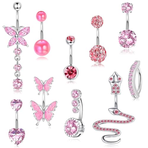 Kunaxku 10Pcs 14G Bauchnabelpiercing für Damen Chirurgenstahl Rosa Blau Bauch Piercing CZ Schmetterling Schlange Clicker Nabel Ringe Körper Piercing Schmuck, Bauchnabelpiercing Chirurgenstahl (Rosa) Kunaxku 10Pcs 14G Bauchnabelpiercing für Damen Chirurgenstahl Rosa Blau Bauch Piercing CZ Schmetterling Schlange Clicker Nabel Ringe Körper Piercing Schmuck, Bauchnabelpiercing Chirurgenstahl (Rosa) von Kunaxku