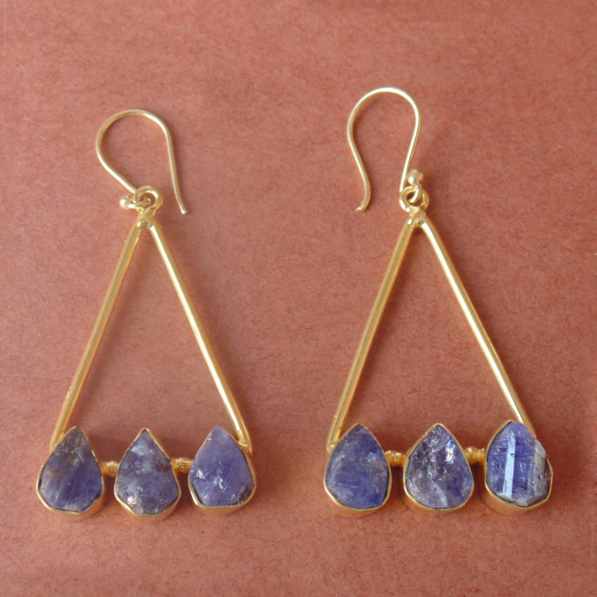 18K Vergoldete Rohe Tansanit Ohrringe Handgemachter Edelstein Schmuck von Kundangemsjewelry