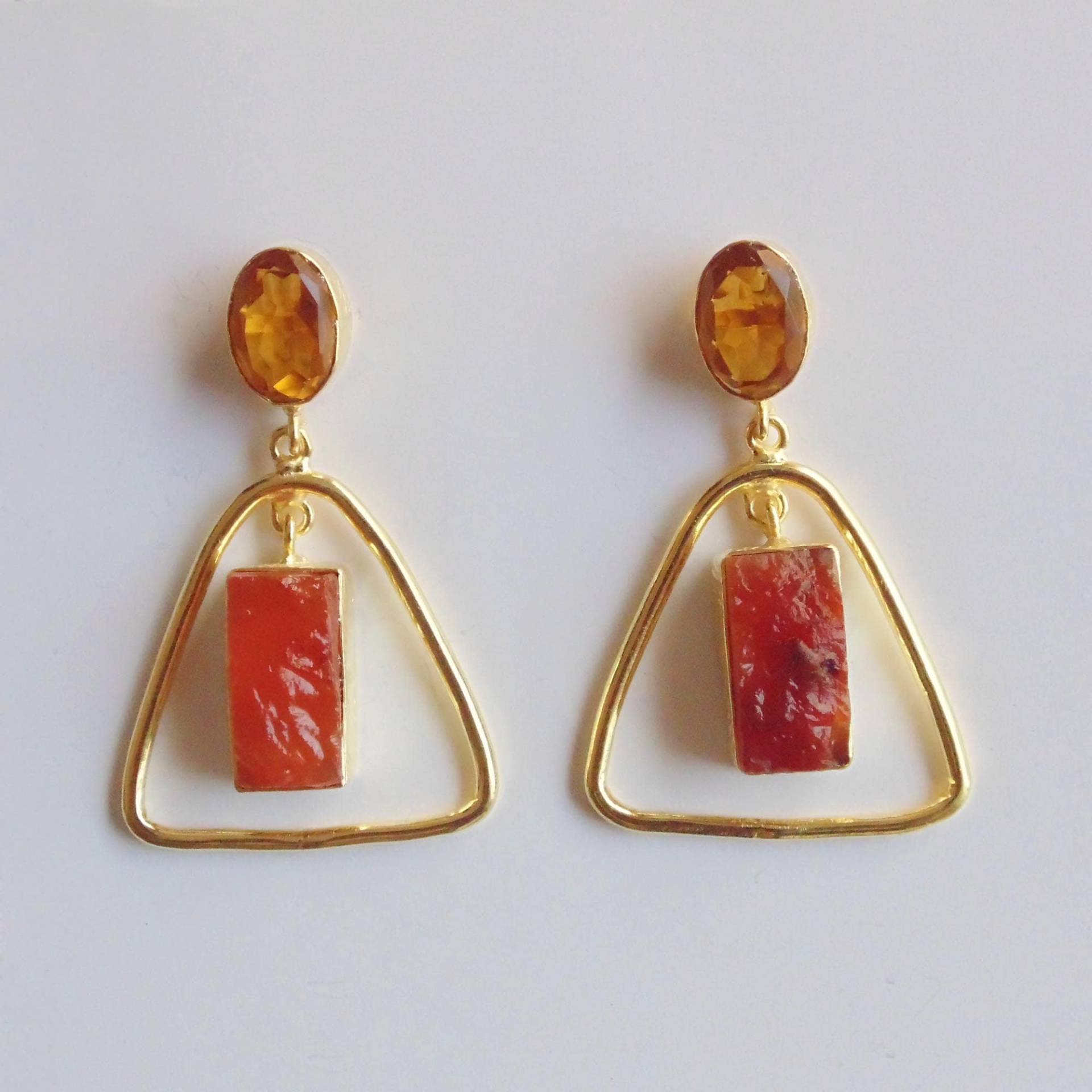 Handgemachte Karneol & Citrin Ohrringe, 18K Vergoldetes Messing von Kundangemsjewelry