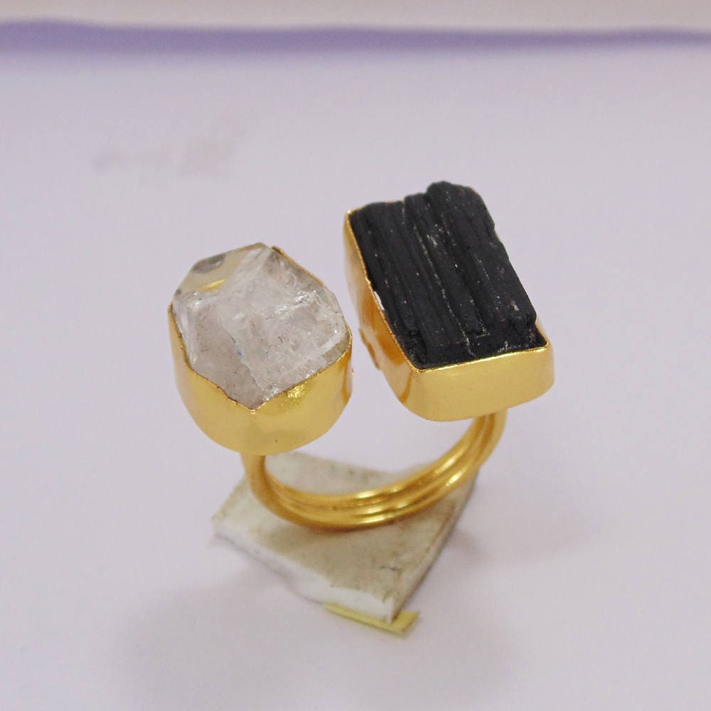 Herkimer Diamant & Schwarzer Turmalin Ring Vergoldeter Statement Ring von Kundangemsjewelry