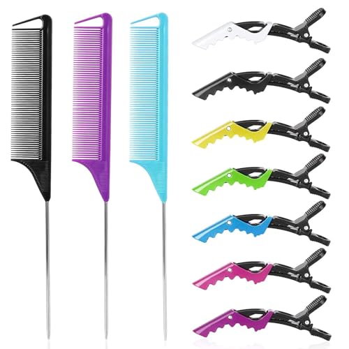 Rattenschwanz-Kamm-Haarspangen-Set: 3 Stück Rattenschwanzkämme, Haarstylingkämme für Frauen und 7 professionelle Haarspangen (Schwarz, Lila, Blau) von Kunihiko