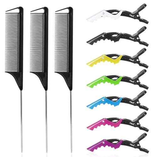 Rattenschwanz-Kamm-Haarspangen-Set: 3 Stück Rattenschwanzkämme, Haarstylingkämme für Frauen und 7 professionelle Haarspangen (schwarz) von Kunihiko
