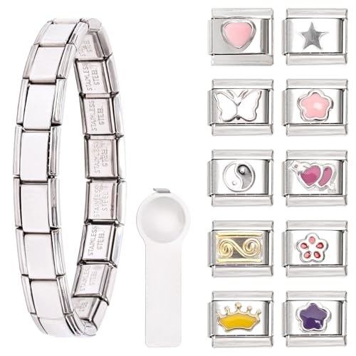 Italian Charm Bracelet Set 18+10 DIY Italian Charms, Abnehmbar Italian Style Charms für Damen, mit Öffnungswerkzeugen, Module für Italienische Armbänder, Edelstahl Italian Charm Bracelet Charms von Kunoli