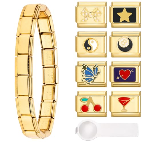 Kunoli Italienisches Charm Armband Gold, 8 Charms Set, DIY 9mm Abnehmbare Module für Armbänder, für Damen und Mädchen (A) von Kunoli