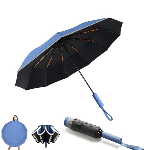 KunpengZen Regenschirm Sturmfest Reverse, 12 Rippen Tragbarer Regenschirm Automatik Auf Und Zu, Faltender Reflektierende Regenschirm Sonnenschutz Wasserdicht FüR Damen Und Herren- Blau von KunpengZen