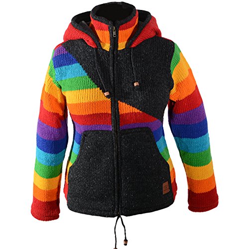 Damen Goa Strickjacke Wolle mit Fleecefutter und Abnehmbarer Zipfelkapuze Schwarz/Regenbogen, Größe Damen:42 von Kunst und Magie
