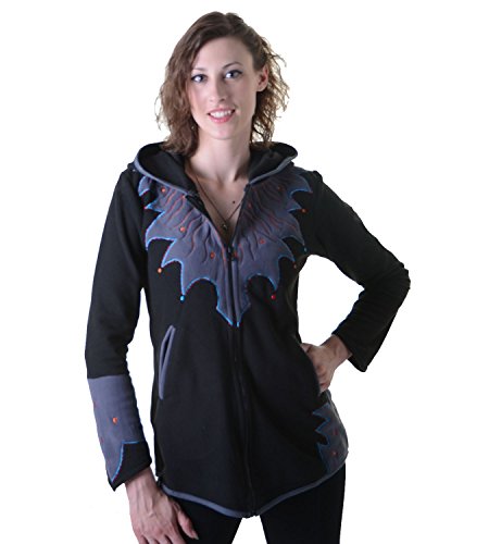 Damen Hippie Fleecejacke 'The Tree' mit Kapuze und bunten Herbst-Mustern, Size/Größe:38;Farbe:Black/Schwarz von Kunst und Magie