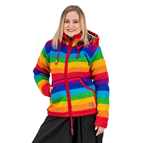 Damen Regenbogen Strickjacke Goa Wolle Jacke mit Fleecefutter und Abnehmbarer Kapuze, Größe Damen:46 von Kunst und Magie