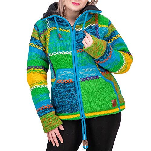 Damen Strickjacke Goa Wolle Bunte Patchwork Jacke mit Fleecefutter und Hochkragen, Größe:S von Kunst und Magie