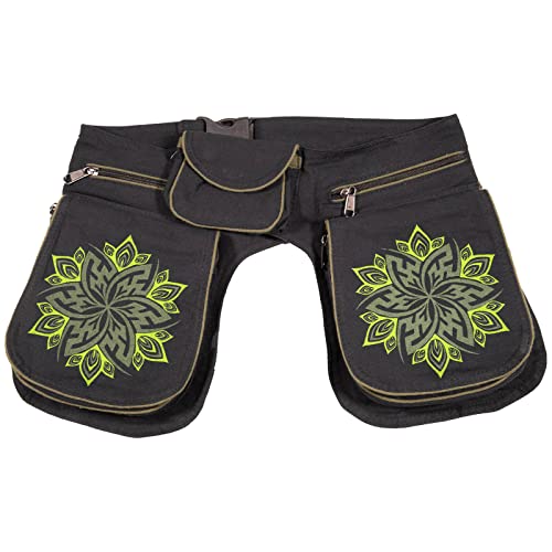 KUNST UND MAGIE Damen Doppelte Bauchtasche Hüfttasche Mandala - Goa Gürteltasche Festivaltasche Hipbag Sidebag, Farbe:Schwarz/Grün von Kunst und Magie
