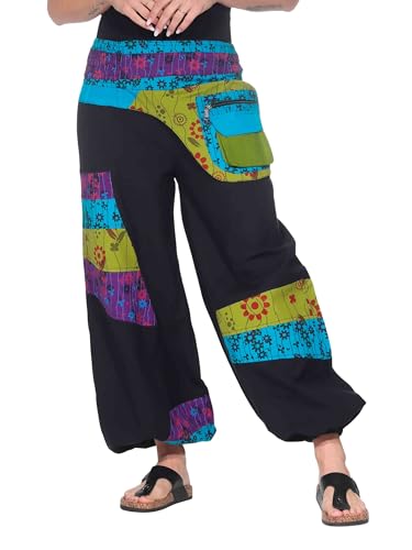 Kunst und Magie Bunte Hippiehose aus Baumwolle Ibiza Strandhose Wellnesshose, Größe:S/M, Farbe:Black/Schwarz von Kunst und Magie