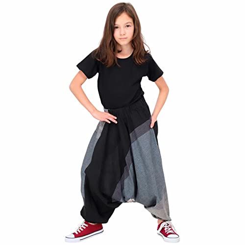 Kunst und Magie Bunte Kinder Haremshose Goa Aladin Hose Goa Hippie Kids Pluderhose Boho Kinderhose, Farbe:Schwarz/Grau, Größe:116-122 von Kunst und Magie