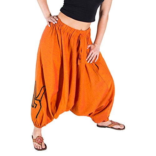 Kunst und Magie Damen Goa Haremshose mit Peace Finger Symbol, Farbe:Orange, Größe:One Size von Kunst und Magie