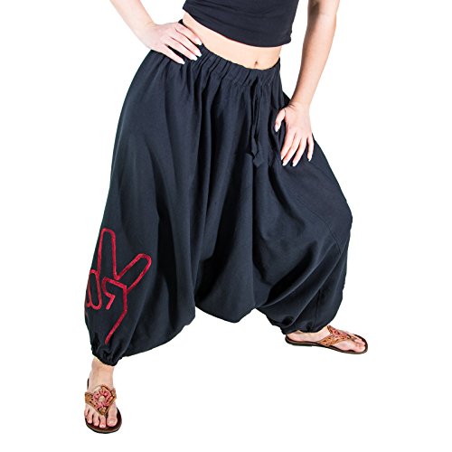 Kunst und Magie Damen Goa Haremshose mit Peace Finger Symbol, Farbe:Schwarz/Rot, Größe:One Size von Kunst und Magie