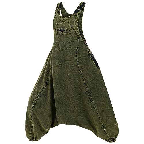 Kunst und Magie Damen Latzhose Hippie Haremshose Goa Hose Boho 70er Jumpsuit Overall Stonewashed Catsuit, Größe:L, Farbe:Army Green von Kunst und Magie
