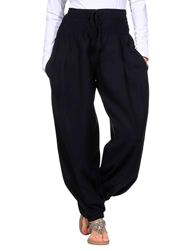 Kunst und Magie Damen Pluderhose Haremshose Sommerhose Hippie Goa Wellness Yoga, Farbe:Black/Schwarz, Größe Damen:42-44(XXL) von Kunst und Magie