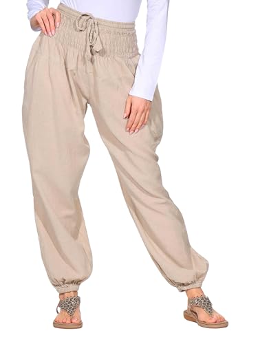Kunst und Magie Damen Pluderhose Haremshose Sommerhose Hippie Goa Wellness Yoga, Größe Damen:34-38(S/M), Farbe:Hanffarben von Kunst und Magie