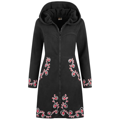 Kunst und Magie Damenmantel aus Fleece Boho Fleece Jacke, Größe Damen:40, Farbe:Schwarz/Rot von Kunst und Magie