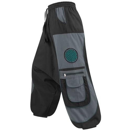 Kunst und Magie Flower of Life Hippie Haremshose Goahose Cargohose, Größe:4XL, Farbe:Schwarz/Grau von Kunst und Magie