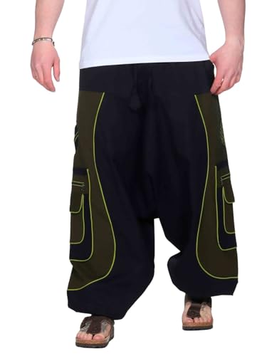 Kunst und Magie Flower of Life Hippie Haremshose Goahose Cargohose, Größe:L/XL, Farbe:Schwarz/Army Green von Kunst und Magie